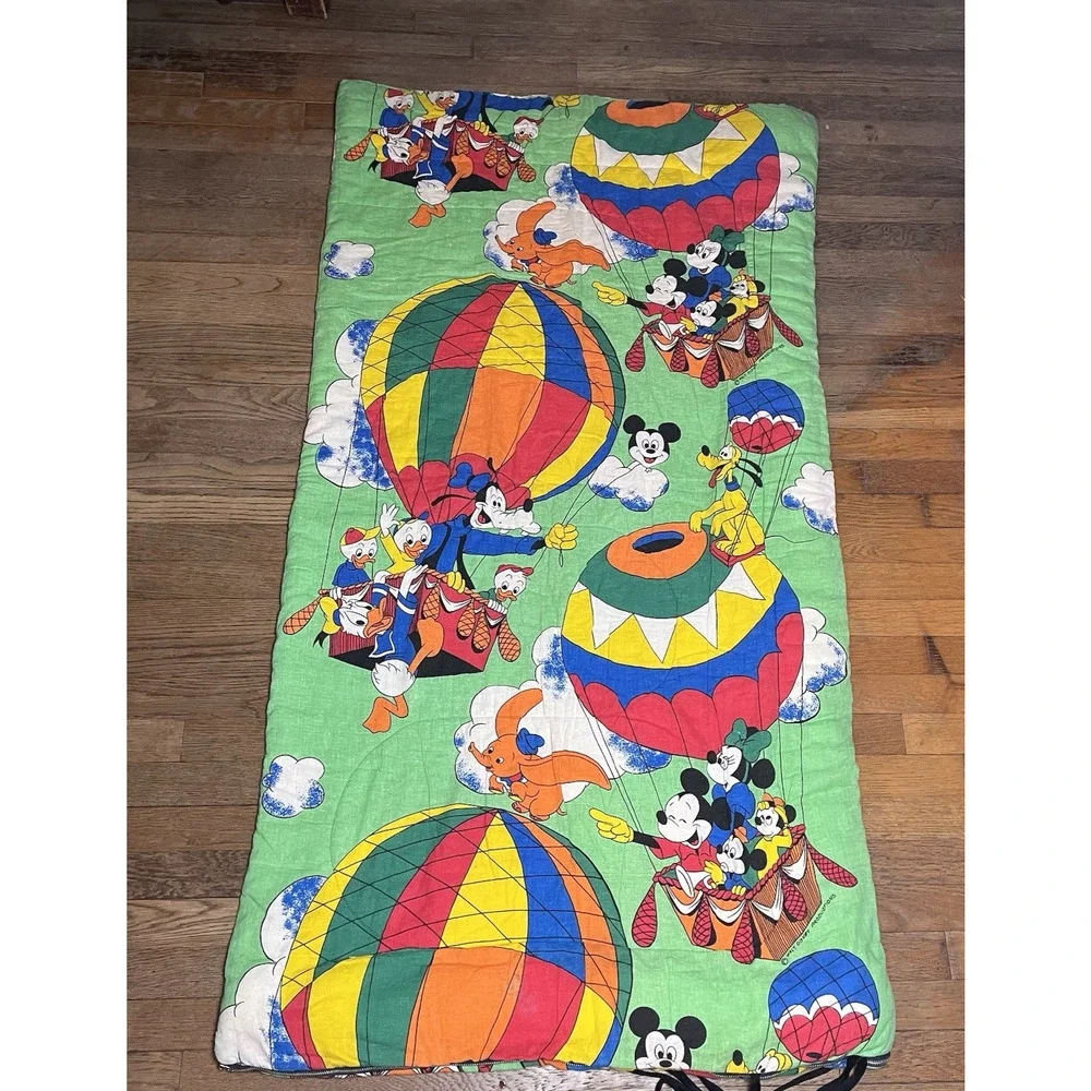 Vintage Disney Sleeping Bag Mickey Minnie Mouse Goofy Hot Air Balloon 32x60